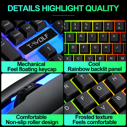 Wired rainbow backlit USB gaming keyboard with ergonomic design and interface controls
