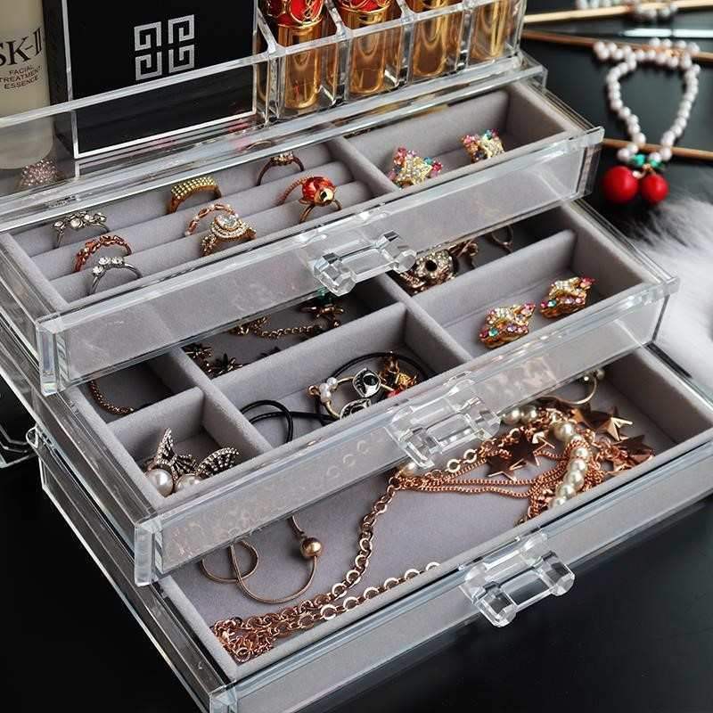 Acrylic accessory storage box for jewelry and earrings with clear compartments