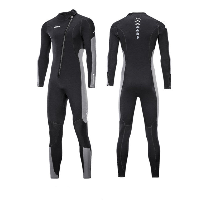 Men's one-piece warm surfing wetsuit in black neoprene, full-body design for water sports