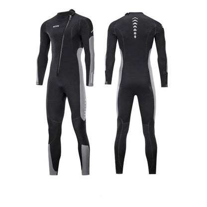 Men's one-piece warm surfing wetsuit in black neoprene, full-body design for water sports