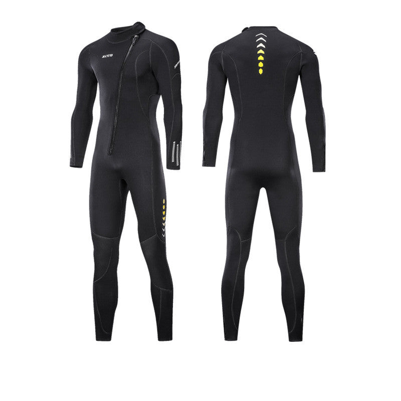Men's one-piece warm surfing wetsuit, full-body black design with long sleeves and legs