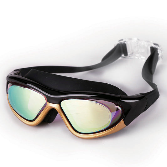 Large-frame flat swimming goggles with waterproof anti-fog lenses for unisex diving and racing