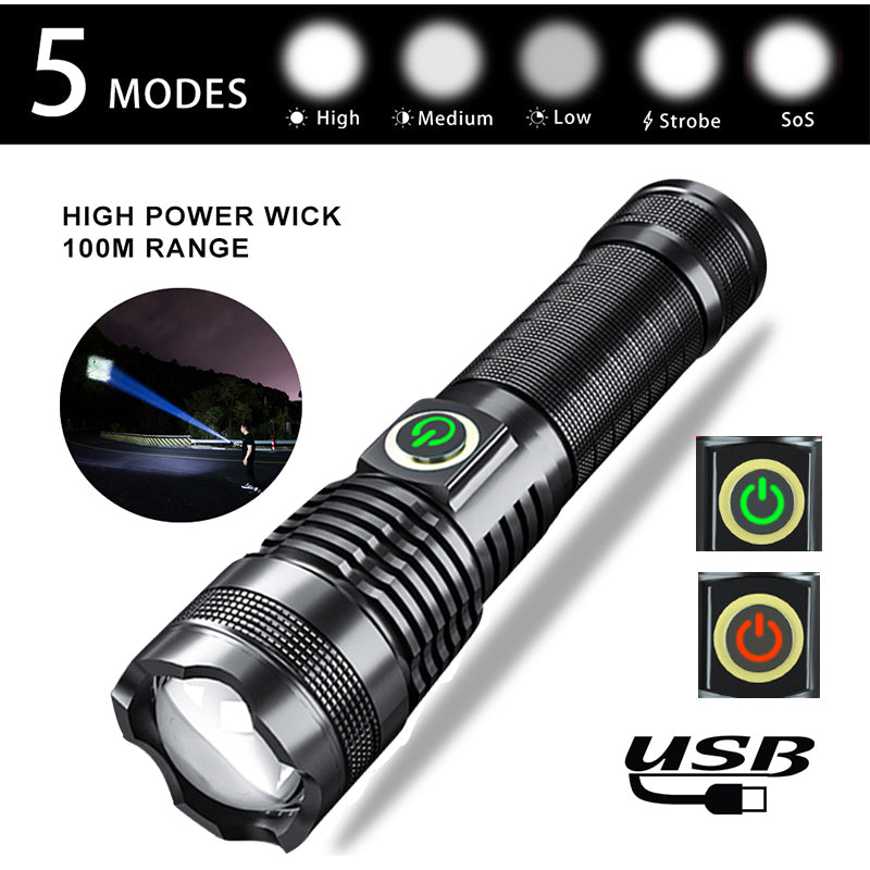P50 USB rechargeable zoom flashlight with battery display for outdoor lighting