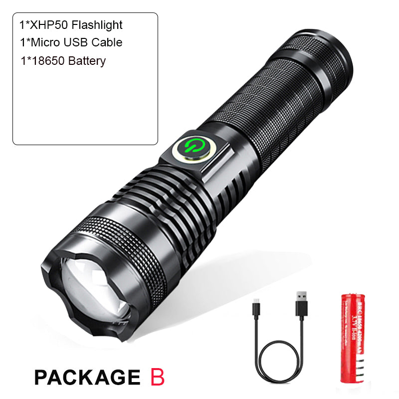 P50 strong light zoom flashlight with battery display and USB rechargeable design for outdoor lighting