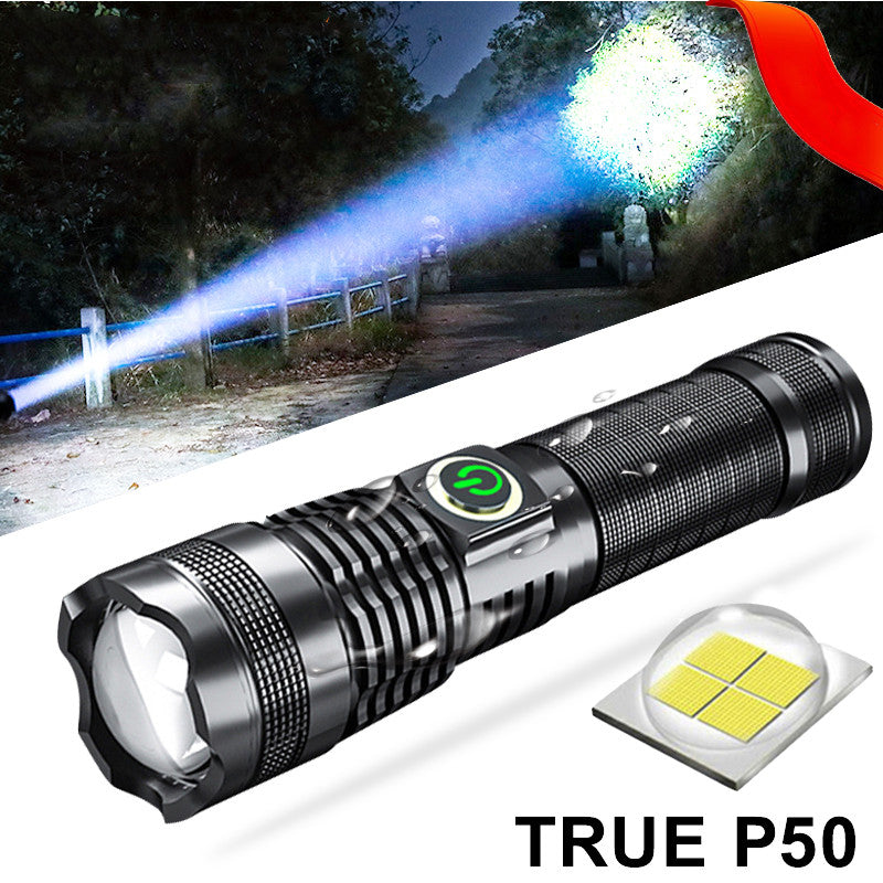 P50 strong light zoom flashlight with battery display and USB rechargeable outdoor lighting design