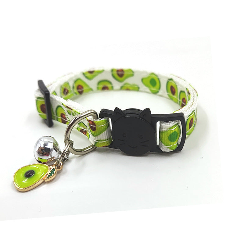 Pet print bell cat collar strap in a colorful pattern with a small bell buckle clasp