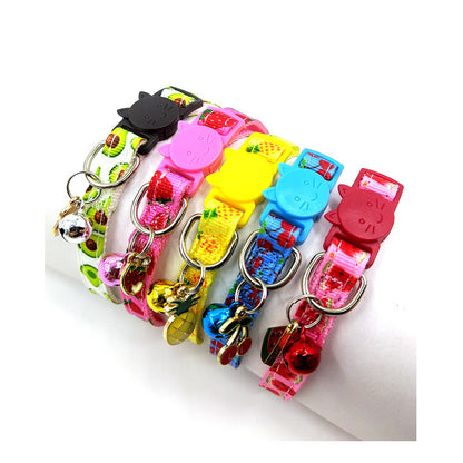 Pet print bell cat collar strap with colorful paw pattern and bell detail.