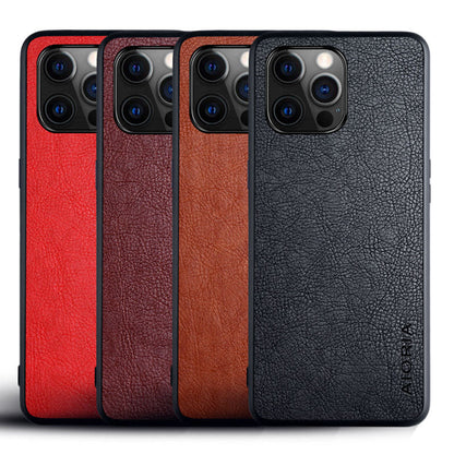 Apple iPhone 12 Pro Max mobile phone case with textured lychee pattern on black cover