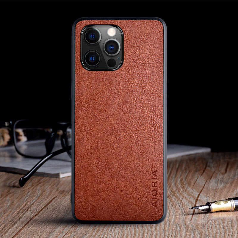 iPhone 12 Pro Max mobile phone case with textured lychee pattern in a protective cover design