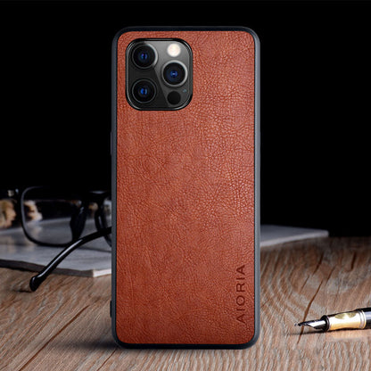 iPhone 12 Pro Max mobile phone case with textured lychee pattern in a protective cover design