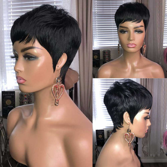Ladies fashion short straight golden synthetic fluffy silk wig hair set, high-temperature fiber close-up