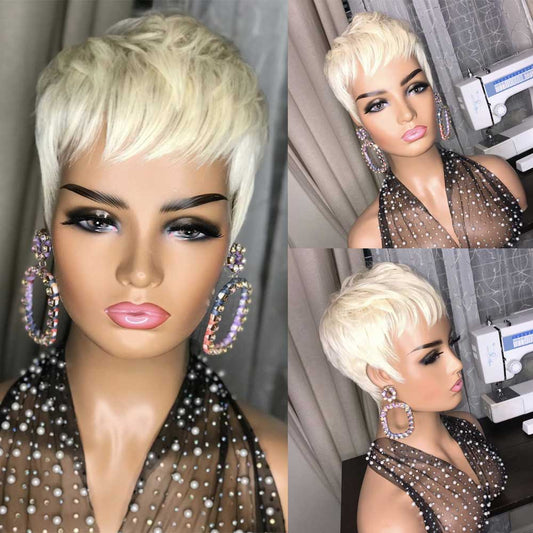 Ladies fashion short straight golden synthetic fluffy high-temperature silk wig hair set