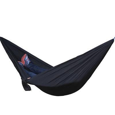 Portable nylon parachute double backpacking hammock for outdoor camping, shown in a compact carry bag