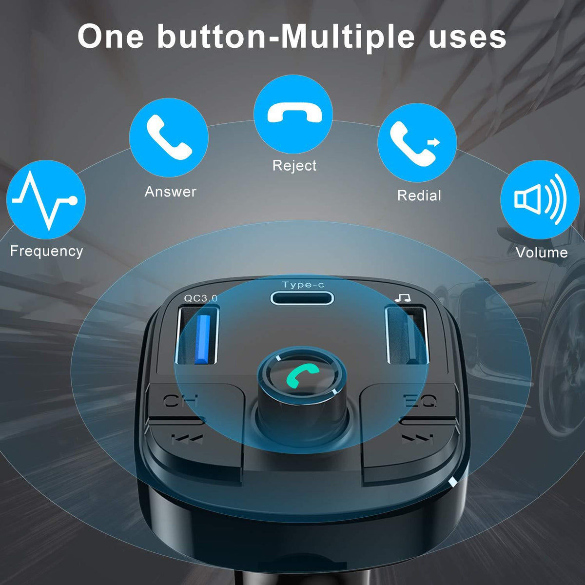 Car MP3 Bluetooth player charger with USB port and hands-free audio controls