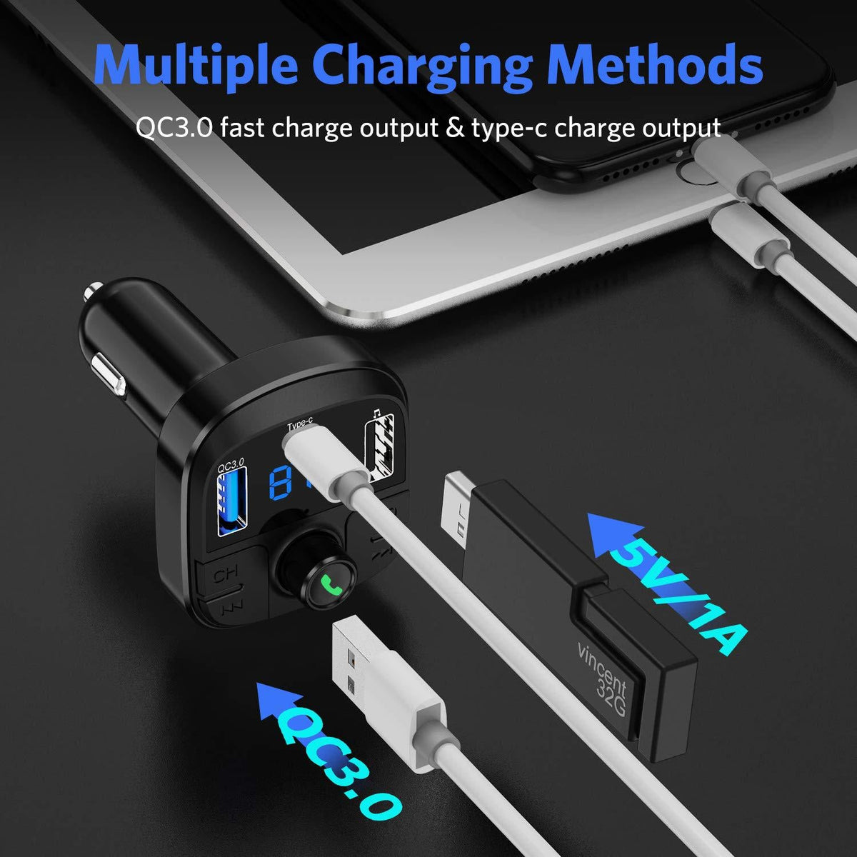 Car MP3 Bluetooth player charger with compact car adapter design and USB charging port