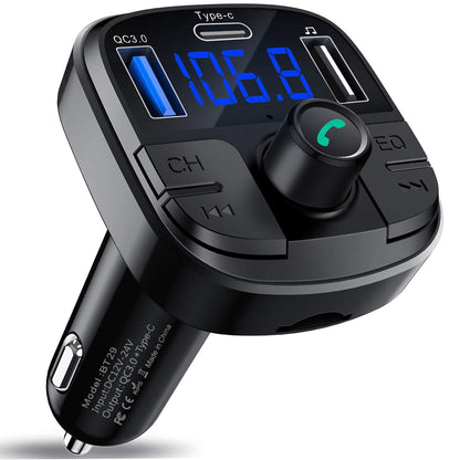 Car MP3 Bluetooth player charger with digital display and USB port, shown in black.