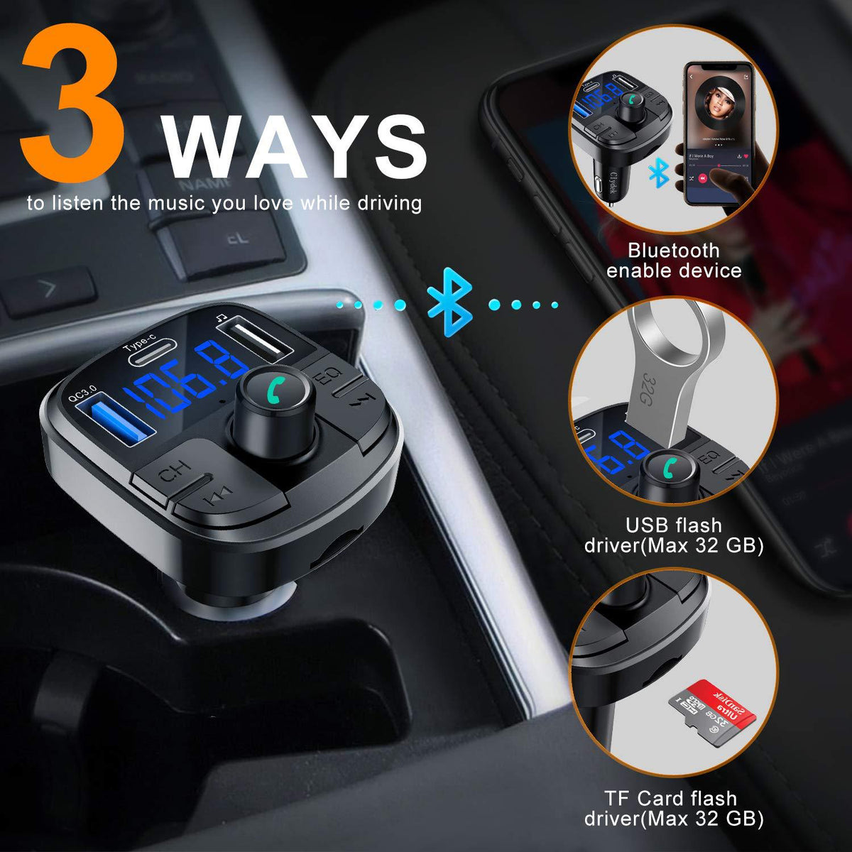 Car MP3 Bluetooth player charger adapter with digital display and USB charging port