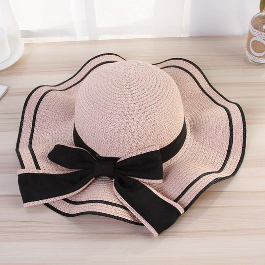 Women’s foldable straw sun hat with fashion bow, Panama style, for beach and travel sunshade