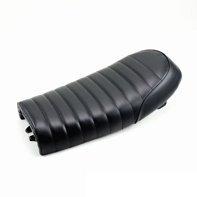 Retro modified CG125 motorcycle cafe seat with attached seat bag and buckle in black leather-style finish