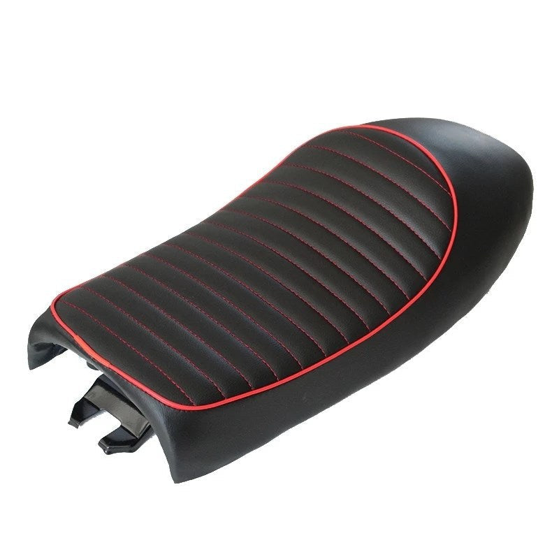 Retro modified CG125 motorcycle cafe seat bag with buckle, shown in black leather-style finish