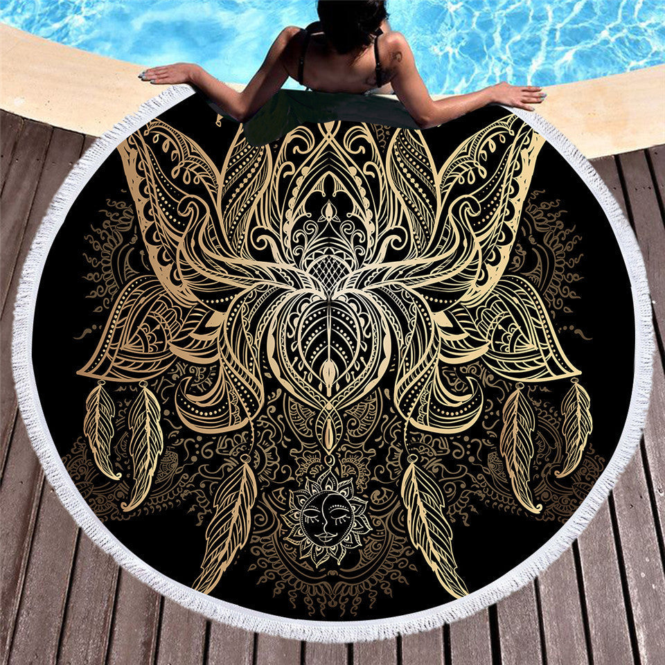 Customized bronzing microfiber beach towel laid flat, showing its soft textured fabric and beach-ready design