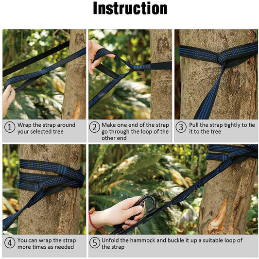 Outdoor camping hammock made from durable parachute cloth, shown suspended outdoors