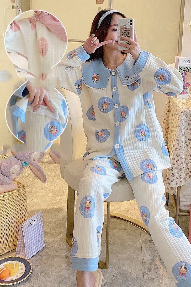 Maternity winter pajamas in soft air cotton with front zipper for confinement wear