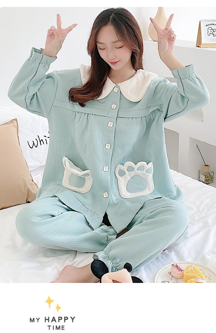 Maternity winter pajamas in soft air cotton with front zipper, designed as comfortable confinement clothing