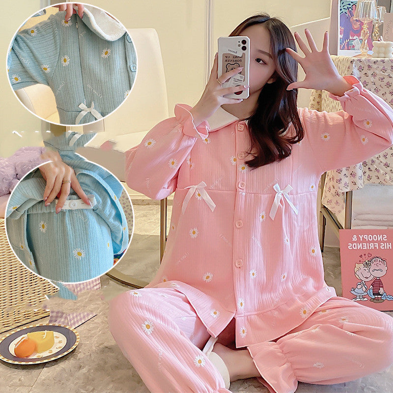 Maternity winter air cotton zipper confinement pajamas in soft fabric for postpartum wear