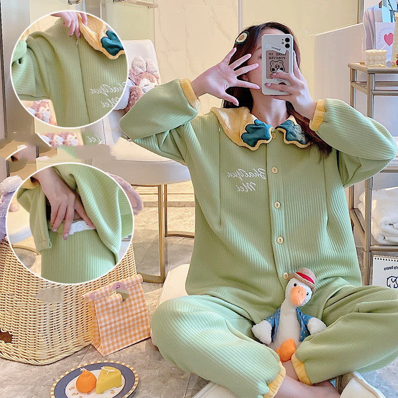 Maternity winter pajamas in soft air cotton with front zipper for pregnancy and postpartum wear