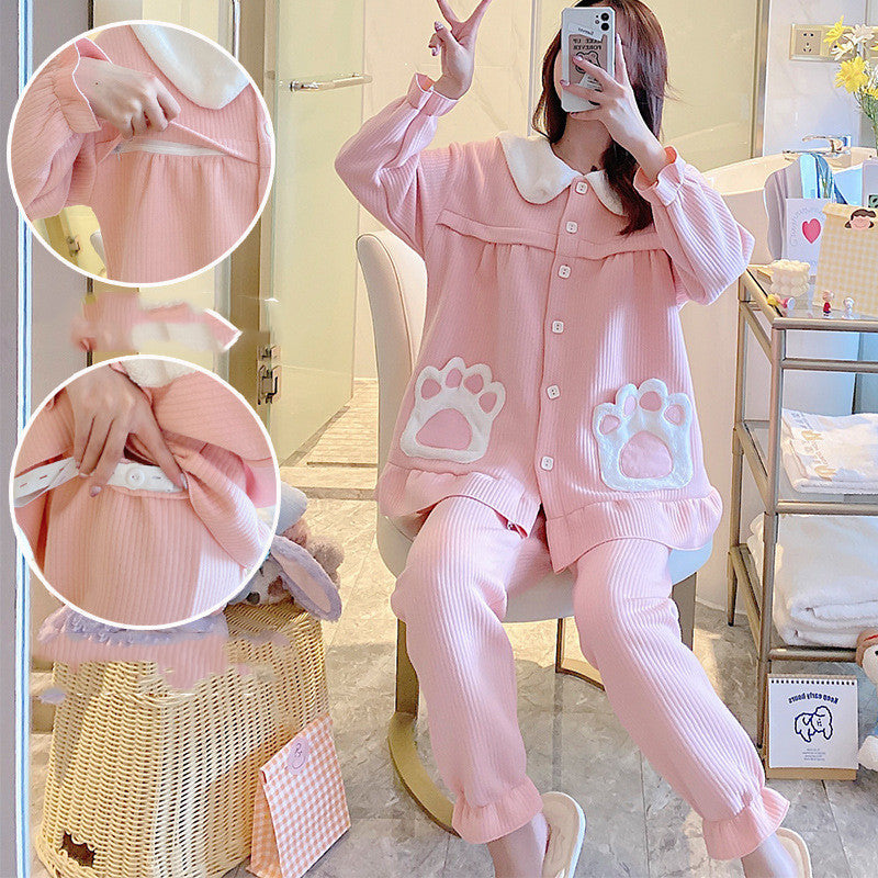 Winter air cotton maternity pajamas with front zipper for postpartum confinement wear, soft long-sleeve set