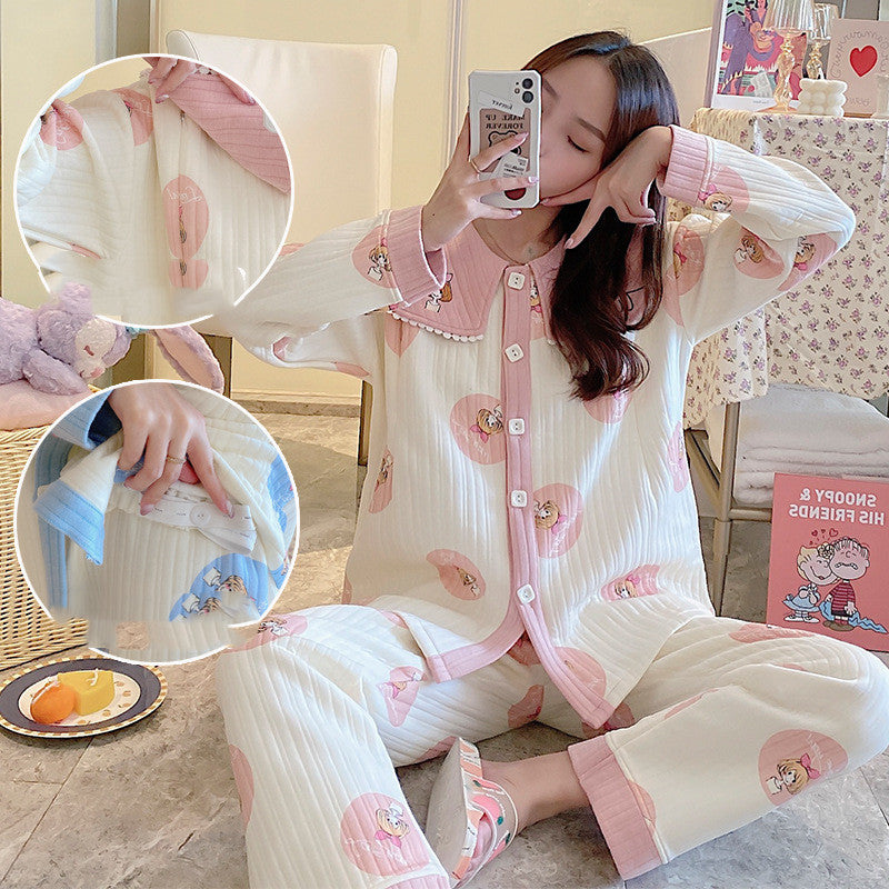 Maternity winter pajamas in soft air cotton with front zipper, designed as comfortable confinement clothing