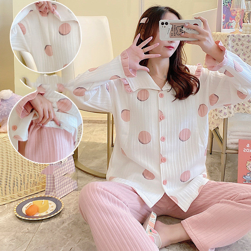 Maternity winter air cotton pajamas with front zipper and long sleeves for postpartum confinement, gray floral print