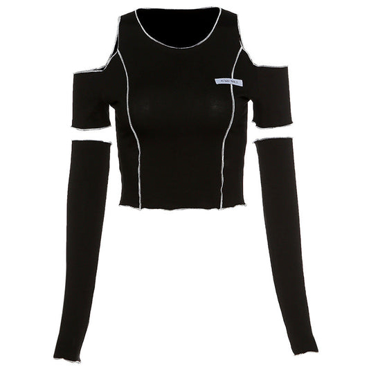Women's slim round-neck strapless short T-shirt in European and American autumn fashion style