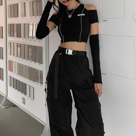 Women's autumn and winter fashion label slim round-neck strapless short T-shirt in European and American style
