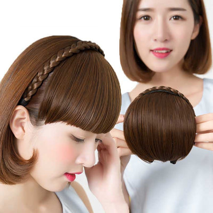 Secret Bang & Braid headband with faux bangs and braided hair extension in a natural style