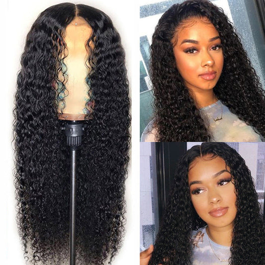 Long curly synthetic fiber wig with small curls and cornrow-inspired styling, European and American fashion look
