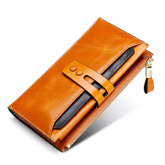 Women's long oil wax leather wallet with multiple card slots and buckle, European and American retro style