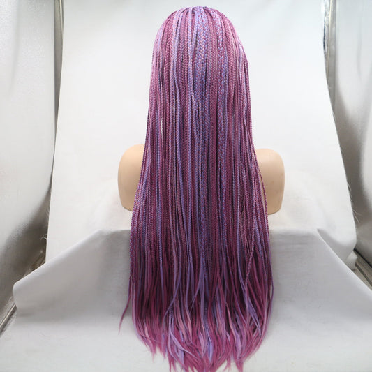 Long straight light purple chemical fiber wig with small braid, high-temperature silk headgear for women