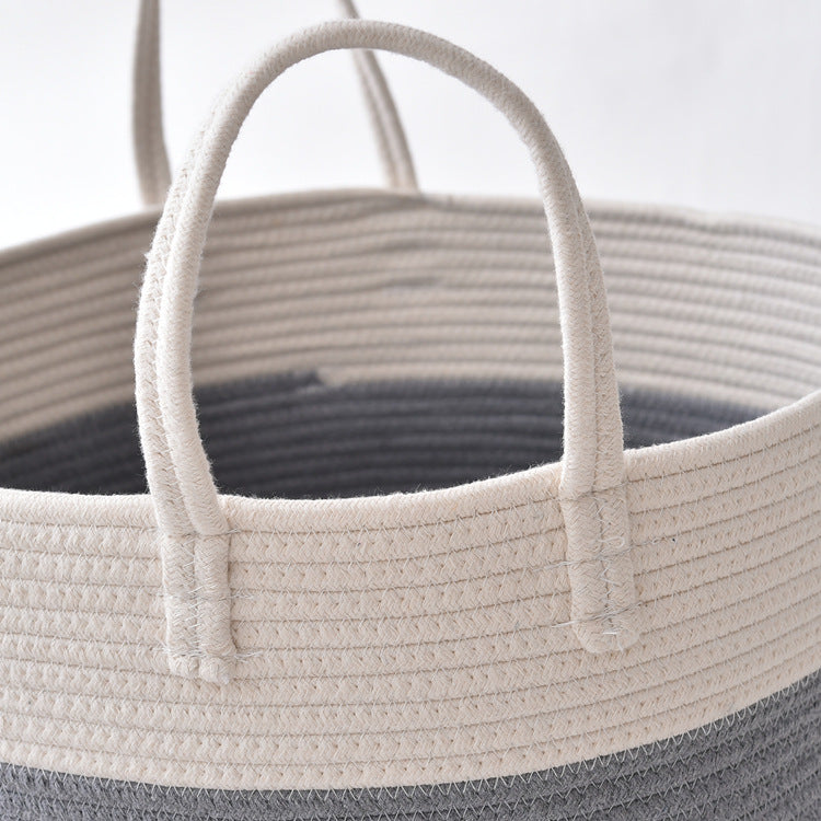 Cotton rope storage basket for toys, sundries, and laundry in a woven basket design