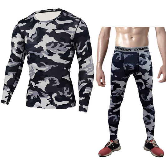 Camouflage men's compression baselayer set with long sleeve shirt and matching tights for workouts