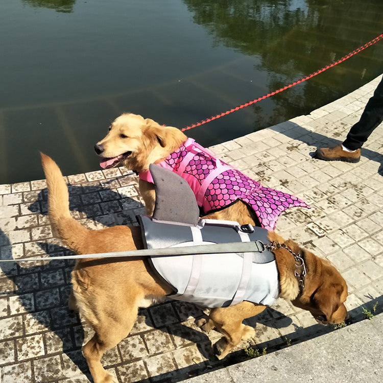Pet life jacket shark mermaid swimsuit with colorful shark design for dogs swimming outdoors