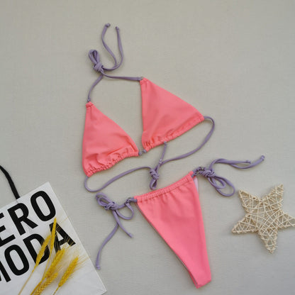 Multicolor sexy split bikini swimsuit with halter neck and tie details, front view