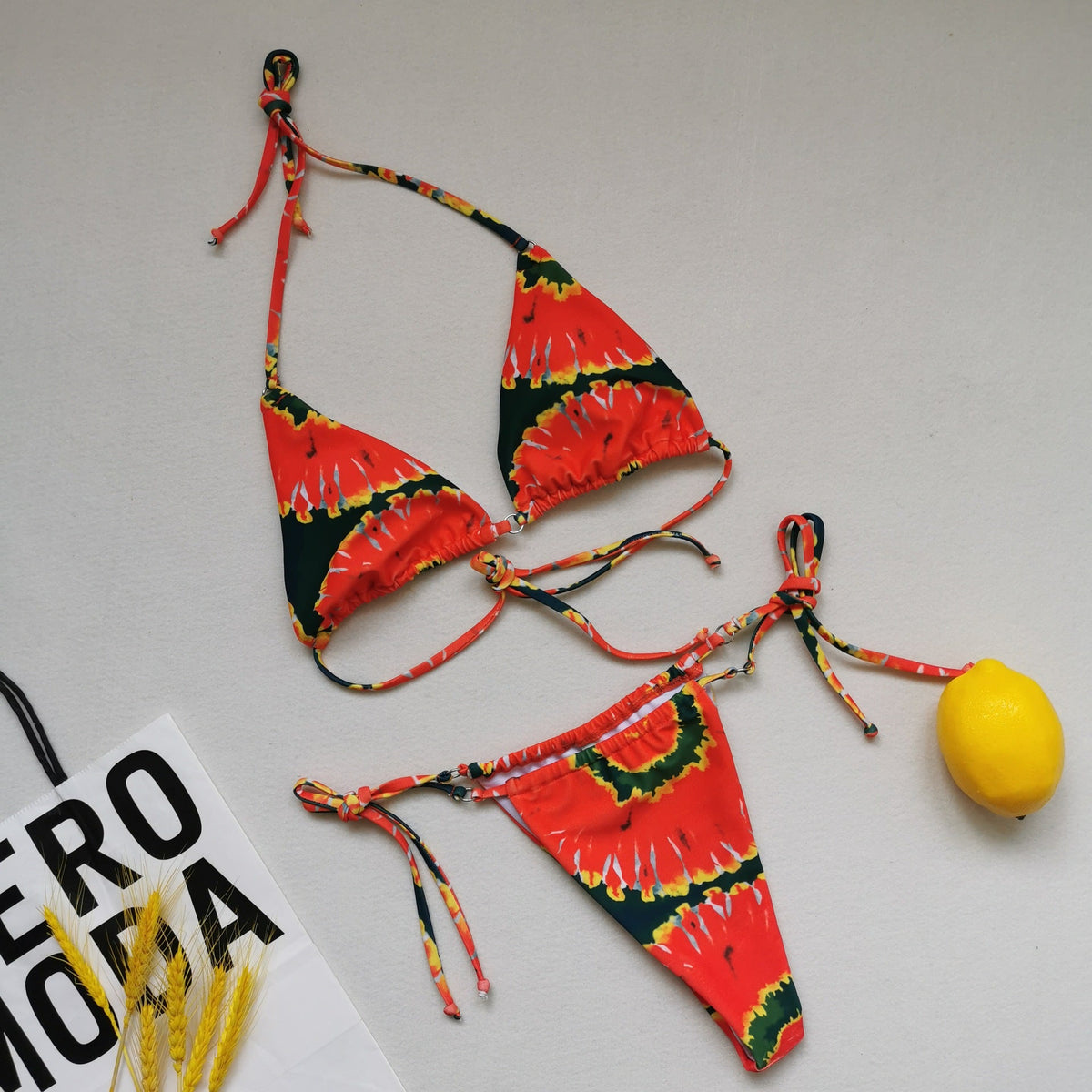 Multicolor sexy split bikini swimsuit with halter tie design