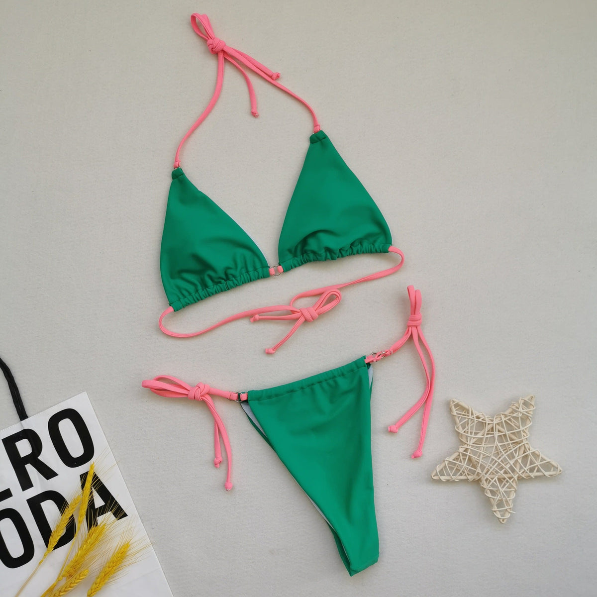 Multicolor halter tie bikini split swimsuit with colorful pattern and two-piece design