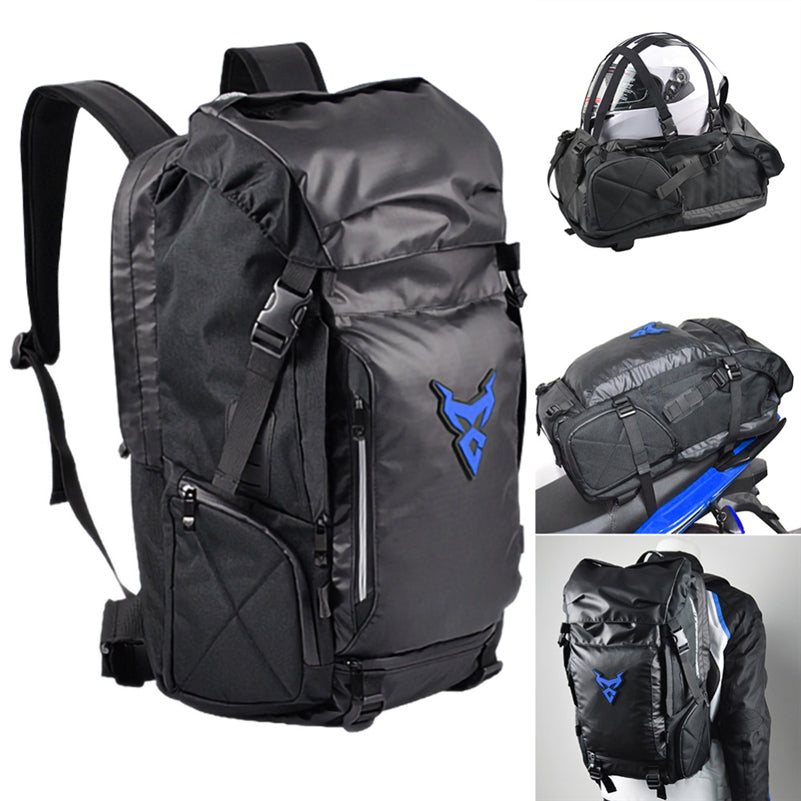 Multifunctional motorcycle travel backpack shoulder helmet bag in durable black fabric with adjustable straps