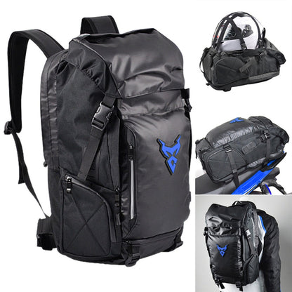 Multifunctional motorcycle travel backpack shoulder helmet bag in durable black fabric with adjustable straps
