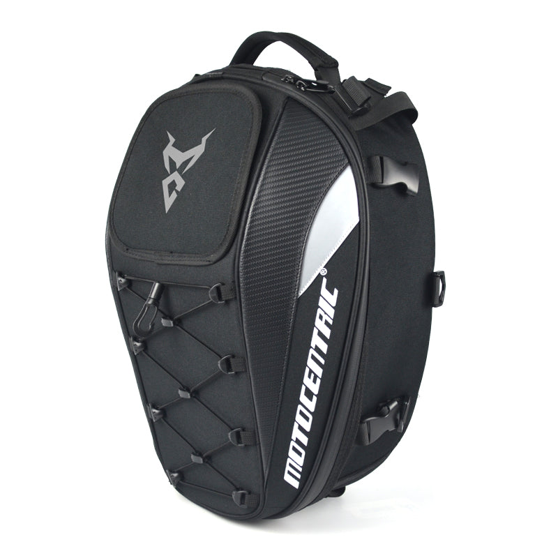 Multifunctional motorcycle travel backpack shoulder helmet bag in durable black fabric with adjustable straps