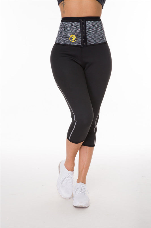 Compression waist sweat pants fitness yoga pants in black, showing a high-waisted athletic design