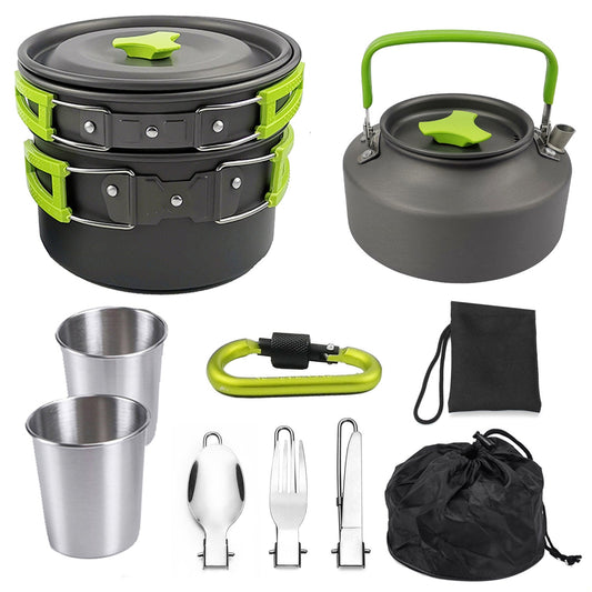 Outdoor portable cookware mess kit for camping, hiking, and picnics, featuring compact cooking pots and utensils